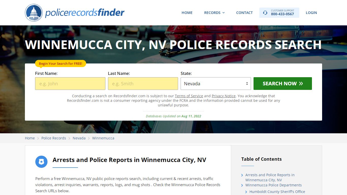 WINNEMUCCA CITY, NV POLICE RECORDS SEARCH